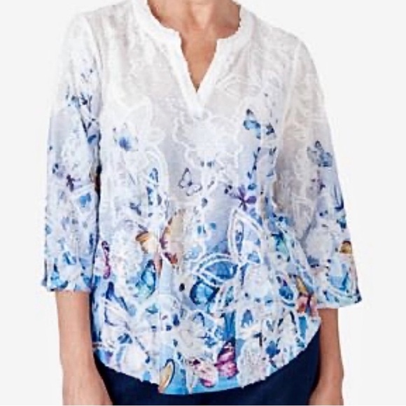 Alfred Dunner Women's In Full Bloom Butterfly Border Jacquard V Neck Top NWT - Picture 14 of 14